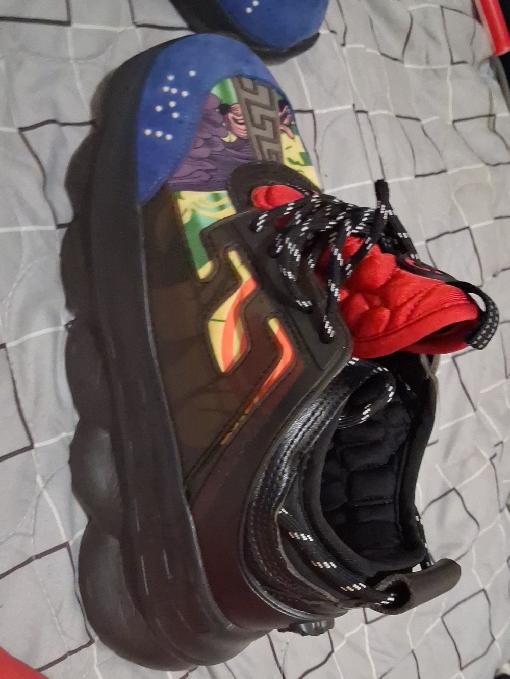 Versace Chainreaction Black Sneakers with Red Tongue and Multicolor Panels